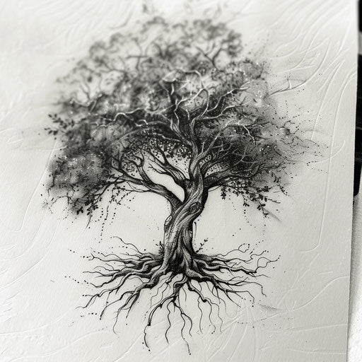 Realism tree of life tattoo sketch in black and grey