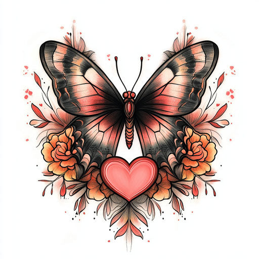 Beautiful butterfly heart tattoo in clipart style