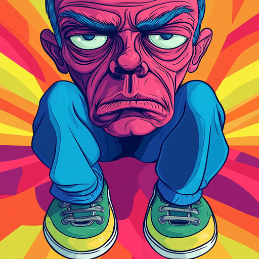 Humorous caricature of a respect caricature clipart with human characteristics, exaggerated thin lips, with toes feet, colorful backdrop, vibrant colors, cartoon style, angry, high-resolution, no background, isolated