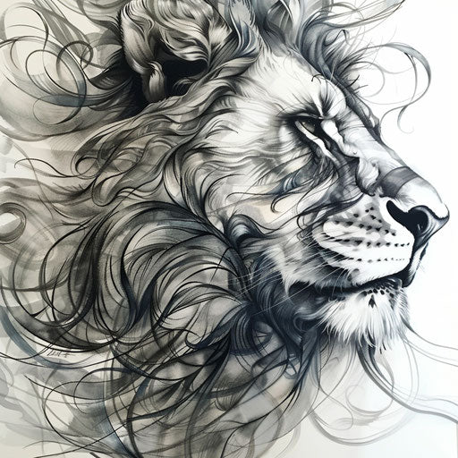 Black and gray lion portrait with flowing abstract mane