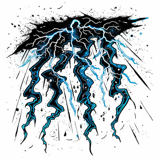 Bold sketch of thunderstorm with lightning strikes, electric blue and black