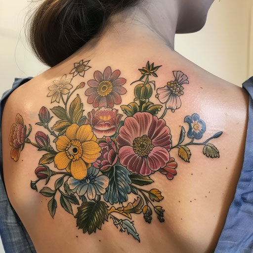 Floral shoulder tattoo design for women in Merian style