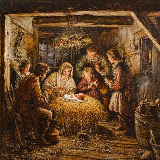Warm scene of a woodcutter's cabin with baby Jesus and family celebrating