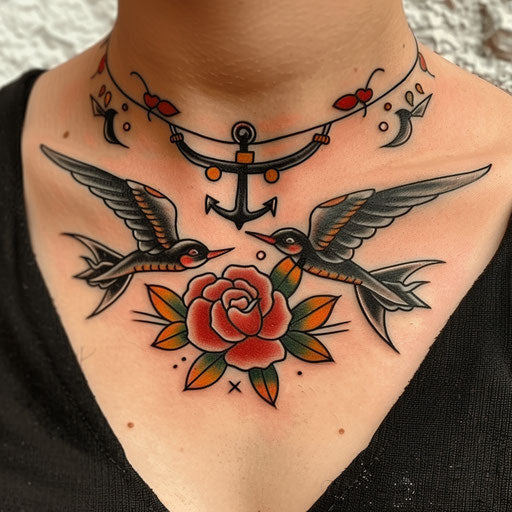Traditional collarbone tattoo with anchors and swallows