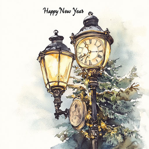 Watercolor painting of a beautiful clock on a street lamp post, Christmas scene