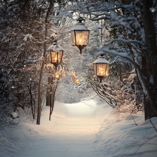 Snow-covered forest path with lanterns hanging from frosted branches