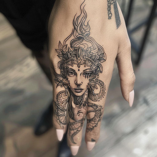 Finger tattoos for women in the style of David Palumbo with mythical creatures