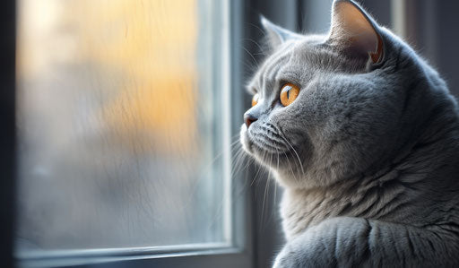 Grey British shorthair cat looking at window in light blue and gold style