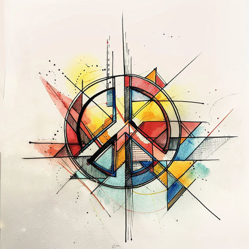Abstract peace tattoo sketch with geometric shapes and soft pastel colors forming a peace symbol