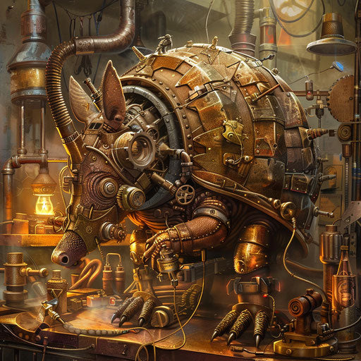 A steampunk armadillo in an inventor's workshop