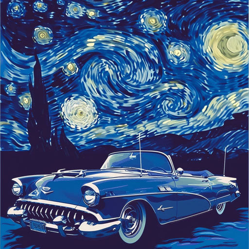 Dreamy clipart style flat tattoo sketch of a convertible under a starry night sky in cool blues