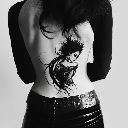 Lower back tattoos for women on a Pure White Background in the style of Gerald Brom