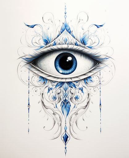 Fantasy eye tattoo on luxurious white and blue wall