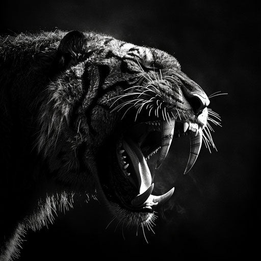 Saber tooth tiger in high-contrast black and white photo