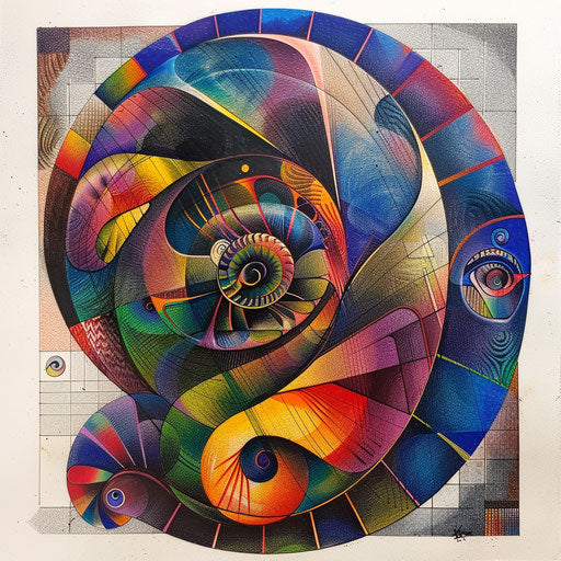 Stylized tattoo sketch of a Fibonacci pattern with pop art influences and vibrant patterns