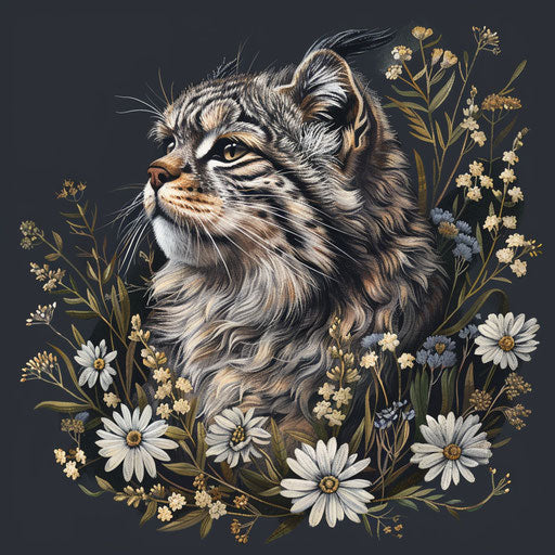 A manul cat surrounded by delicate mountain flora, in the style of Elke Vogelsang