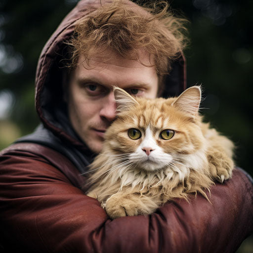 Manx cat being held by its owner
