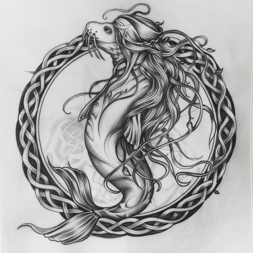 Seal to human transformation with Celtic designs