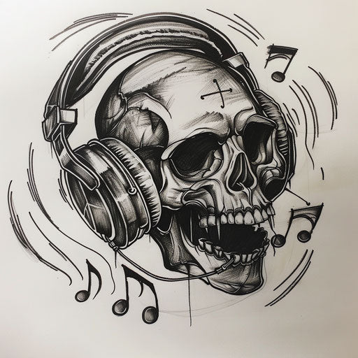 Bold tattoo sketch of a skull wearing headphones