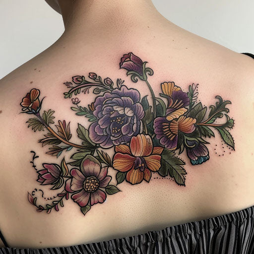 Floral decorative tattoo in the style of Maria Sibylla Merian