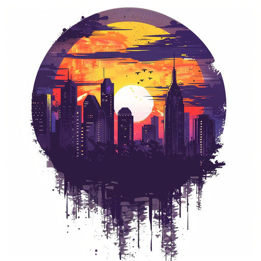 Urban skyline silhouette at sunset