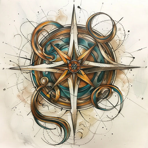 Art Nouveau tattoo sketch of a compass rose with flowing lines and earthy colors