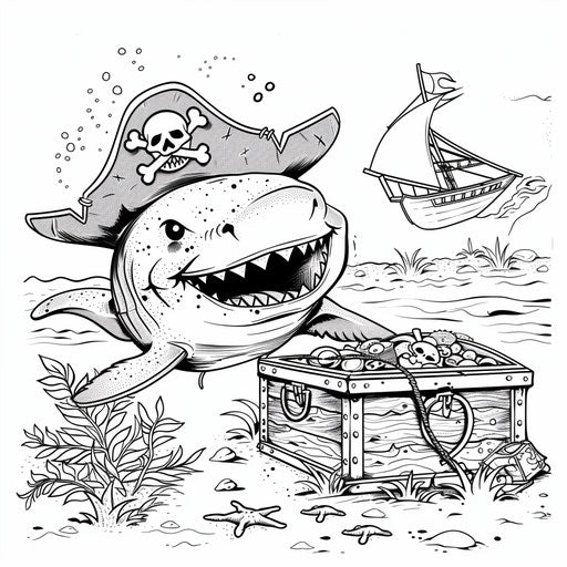 Shark with a pirate hat and a treasure chest