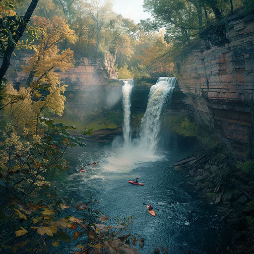 Minnehaha Falls, Minnesota, with kayakers navigating the river