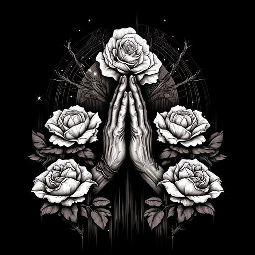 Praying hands with roses on black background, monochrome ink style, unique design, religious building, christcore, supple mass