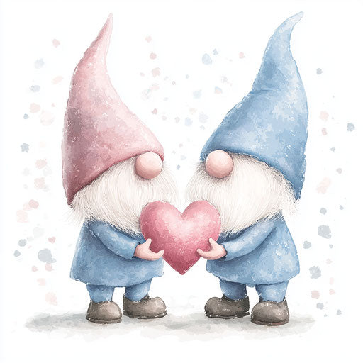 Cute gnomes holding a pastel pink and blue heart, clipart style