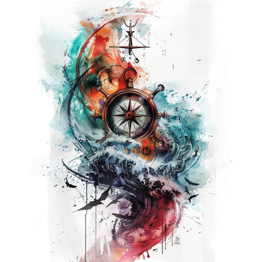 Watercolor tattoo of a pirate compass surrounded by stormy waves