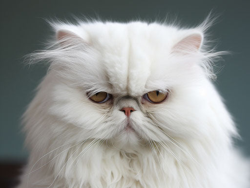 A white cat with exaggerated features, looking at someone