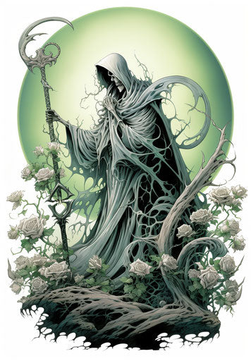 The grim reaper holding the scythe, in dark white and light green style