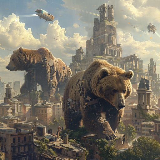 Surreal landscape with giant bears in a cityscape