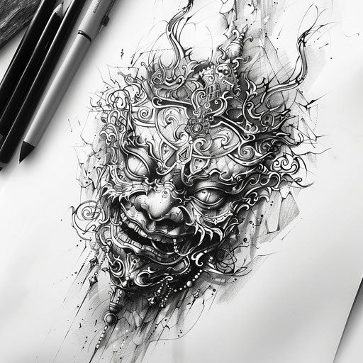 Gothic tattoo sketch of an oriental mask with dark themes