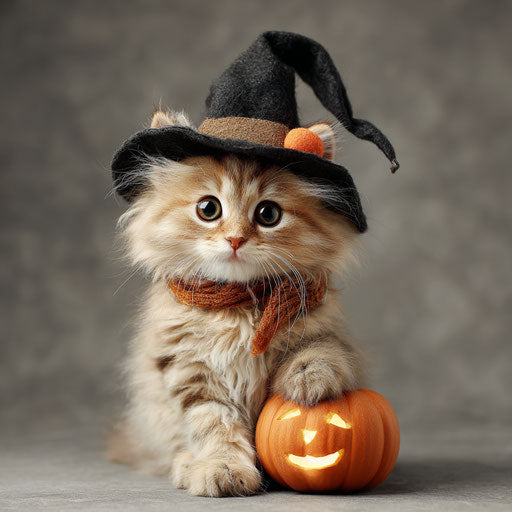 Adorable kitten with a witch's hat and a pumpkin
