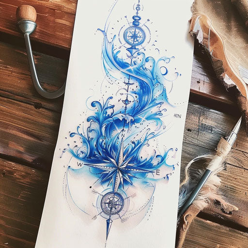 Nautical spine tattoo concept, detailed compass and blue waves on white paper