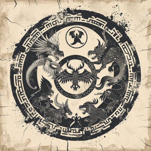 Viking rune circle with mythical creatures in dark tones