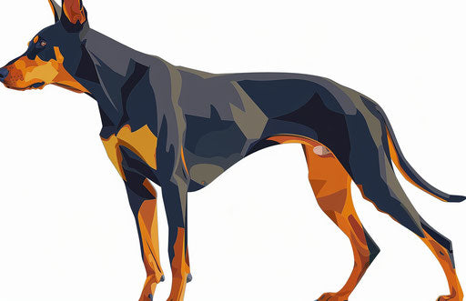 Doberman in foreground, white background, dark gold and dark blue tones