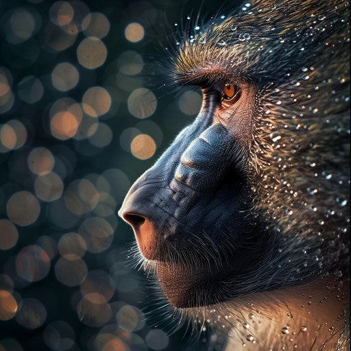 Baboon with dewdrops on fur, soft and gentle