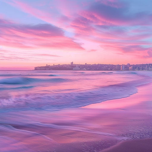 Bondi Beach, Australia at dusk with pink and purple sky