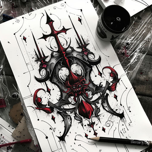 Traditional flat tattoo sketch with classic chaos emblems in deep crimson and black