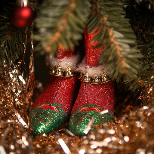Jingle bells on elf shoes under tinsel curtain