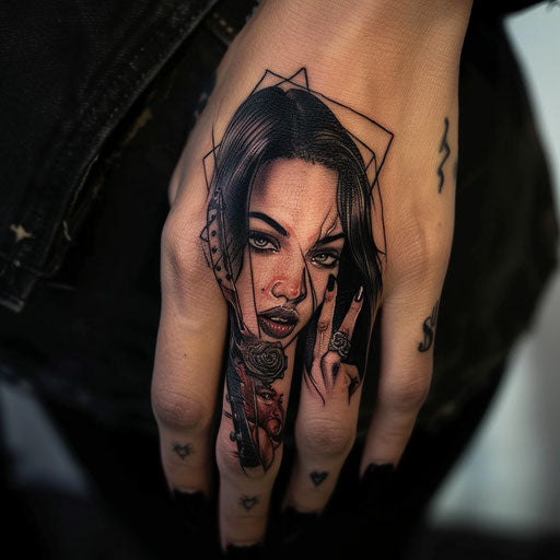 Finger tattoos for women in the style of Humberto Ramos with dynamic action scenes