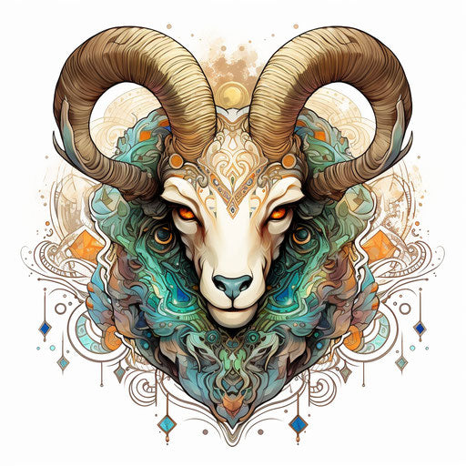 Ram head in geometric patterns with ornaments on the eyes