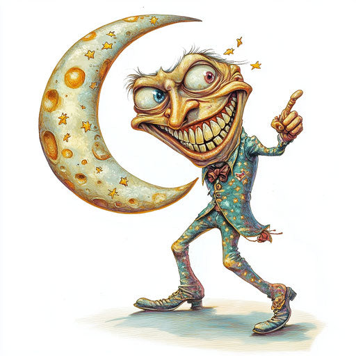 Humorous caricature of a moon and stars with human characteristics