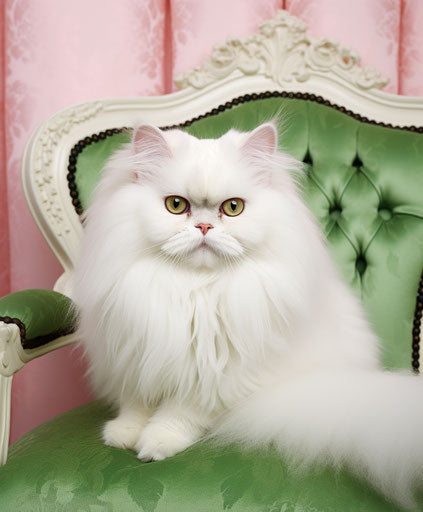 White Persian cat with green eyes on white chair