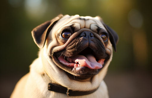 Equine portrait of pug dog with tongue out