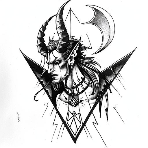 Stylized flat tattoo sketch of Lucifer with geometric patterns