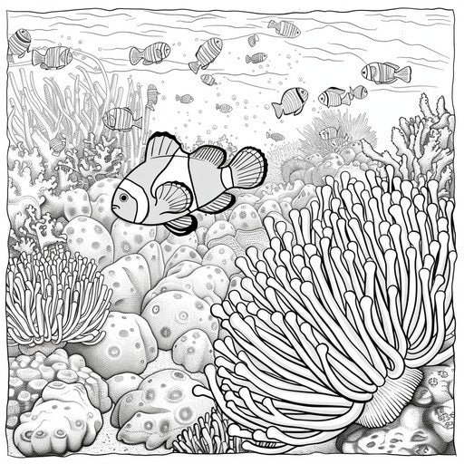 Lively coral scene with a clownfish and anemone partnership. Coloring book page